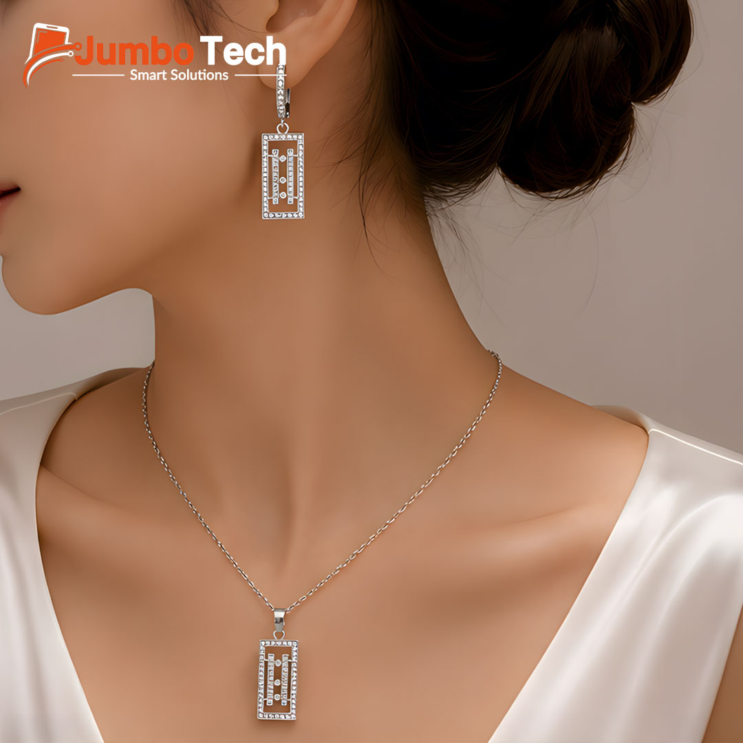 Fashion Jewelry Set — Rectangular Pendant Necklace & Drop Earrings with Crystal Stones