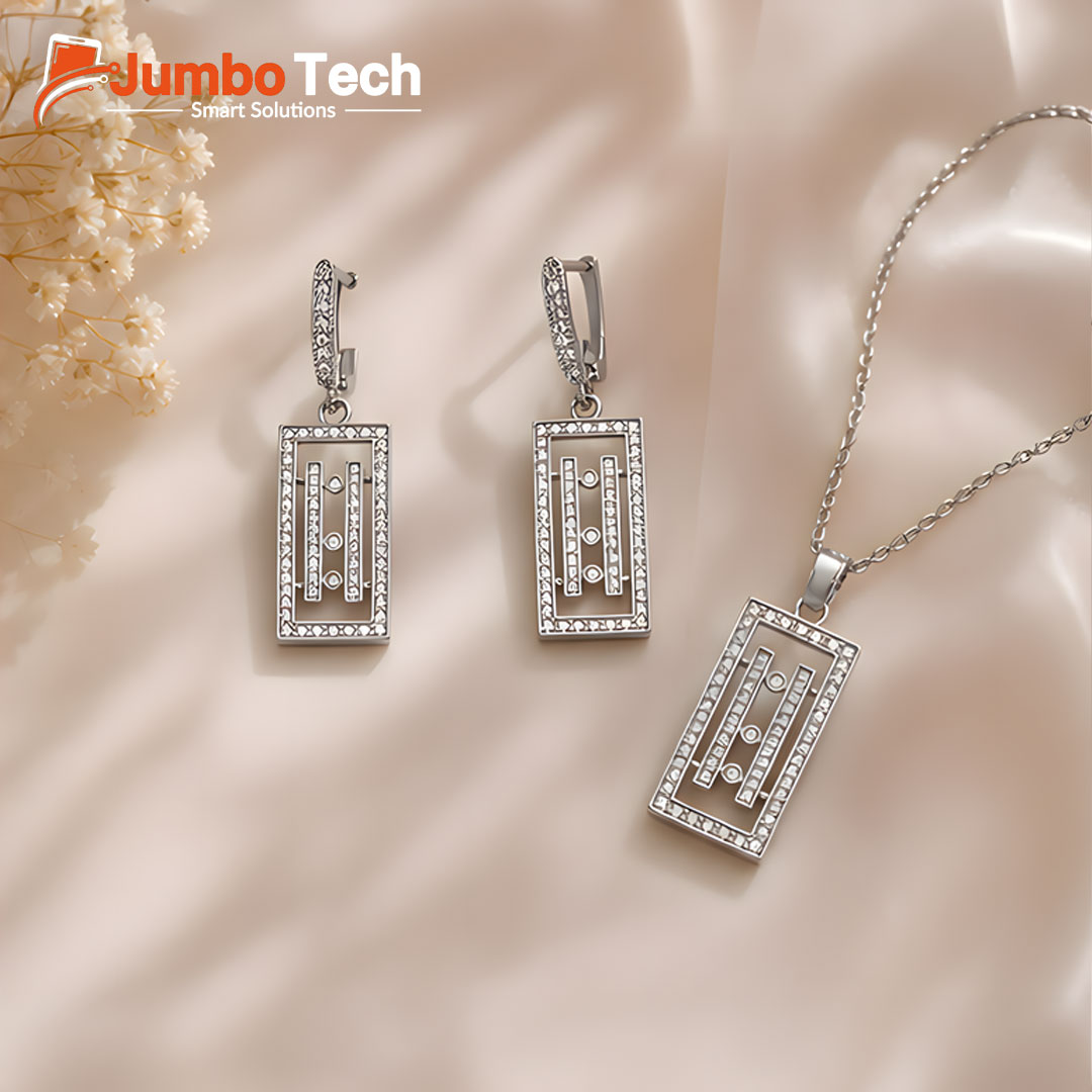 Fashion Jewelry Set — Rectangular Pendant Necklace & Drop Earrings with Crystal Stones