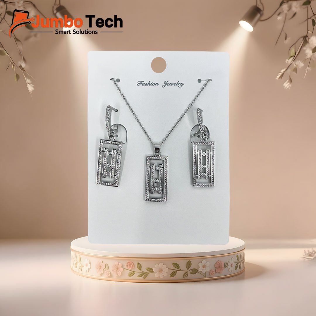 Fashion Jewelry Set — Rectangular Pendant Necklace & Drop Earrings with Crystal Stones