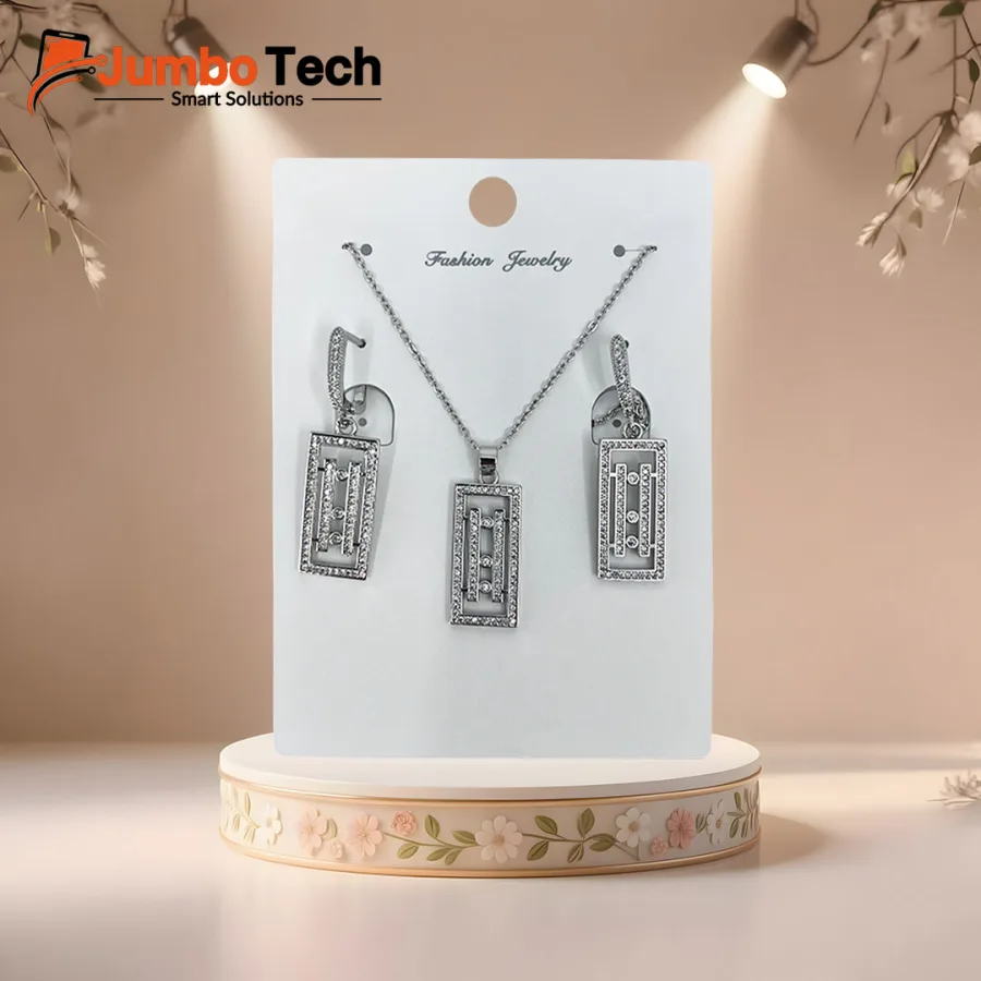 Fashion Jewelry Set — Rectangular Pendant Necklace & Drop Earrings with Crystal Stones
