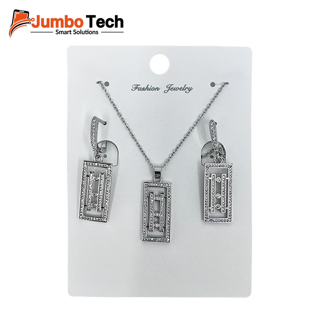 Fashion Jewelry Set — Rectangular Pendant Necklace & Drop Earrings with Crystal Stones
