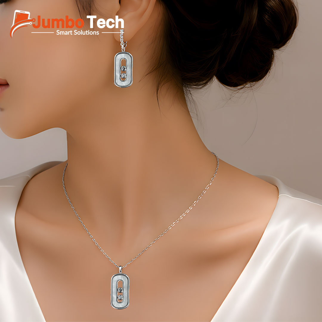 Fashion Jewelry Set — Oval Pendant Necklace & Drop Earrings with Moving Stones
