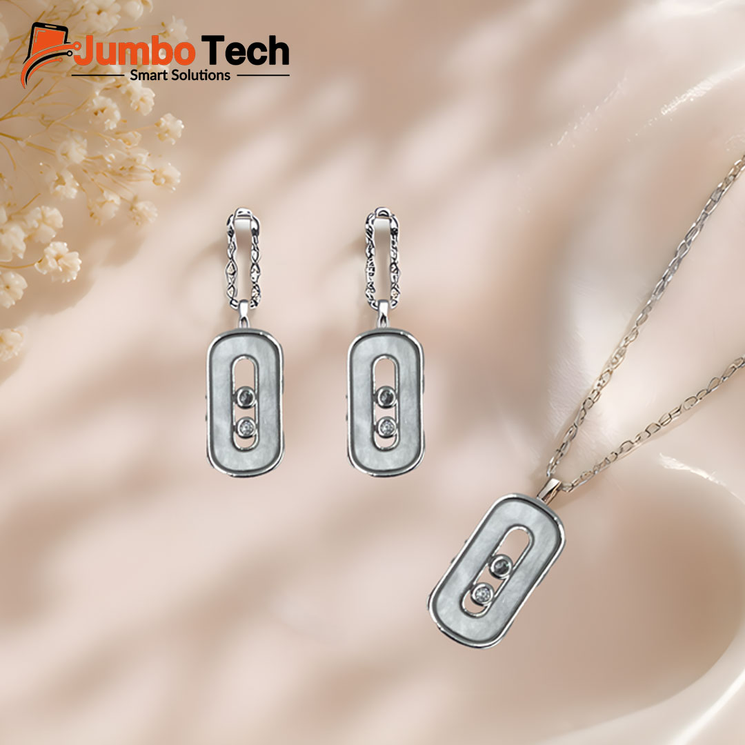 Fashion Jewelry Set — Oval Pendant Necklace & Drop Earrings with Moving Stones