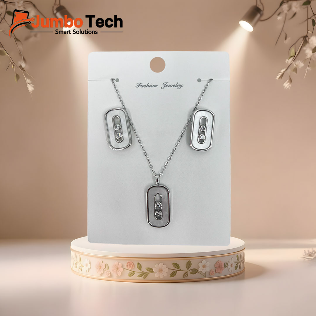 Fashion Jewelry Set — Oval Pendant Necklace & Drop Earrings with Moving Stones
