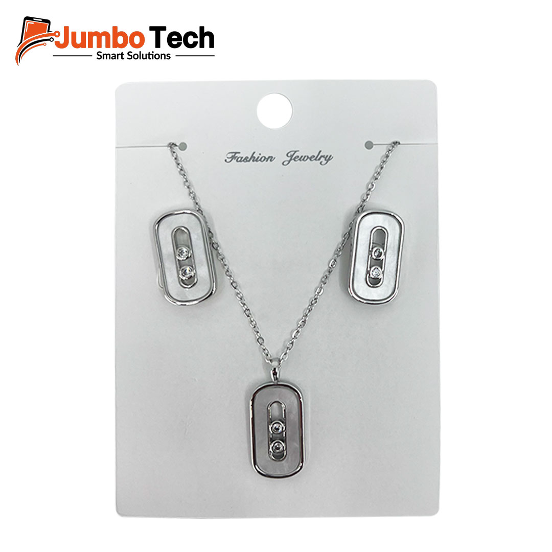 Fashion Jewelry Set — Oval Pendant Necklace & Drop Earrings with Moving Stones