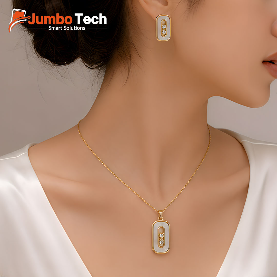 Fashion Jewelry Set — Oval Pendant Necklace & Drop Earrings with Moving Stones