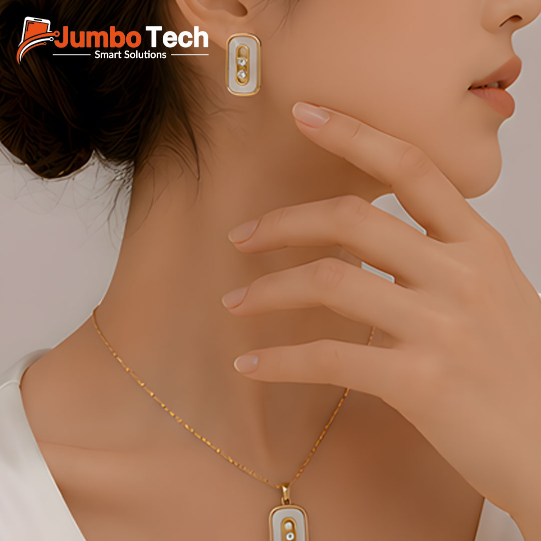 Fashion Jewelry Set — Oval Pendant Necklace & Drop Earrings with Moving Stones