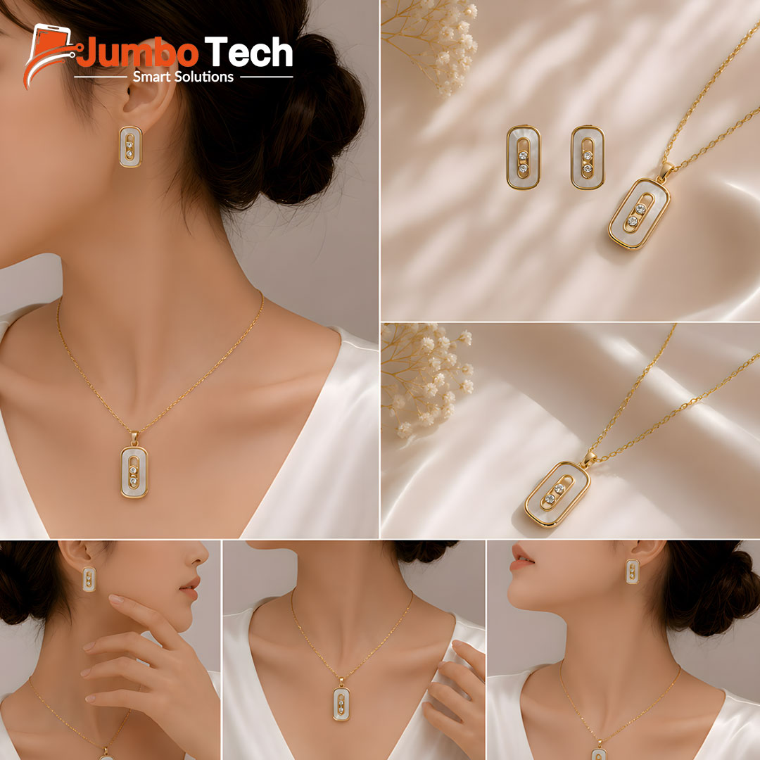 Fashion Jewelry Set — Oval Pendant Necklace & Drop Earrings with Moving Stones