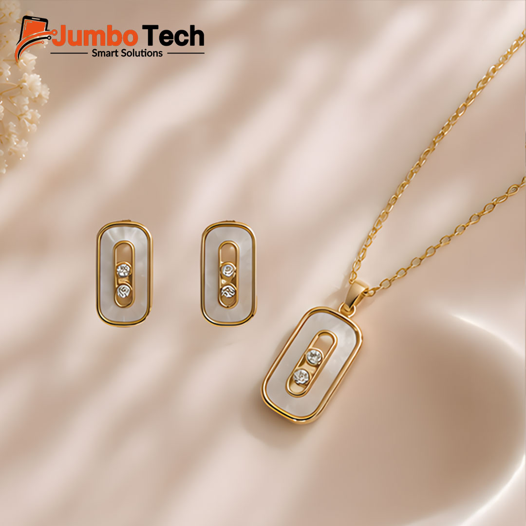 Fashion Jewelry Set — Oval Pendant Necklace & Drop Earrings with Moving Stones