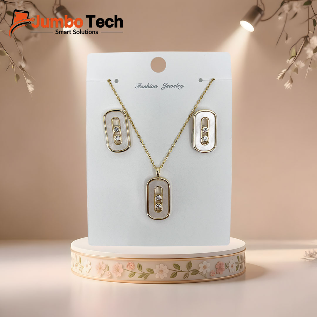Fashion Jewelry Set — Oval Pendant Necklace & Drop Earrings with Moving Stones
