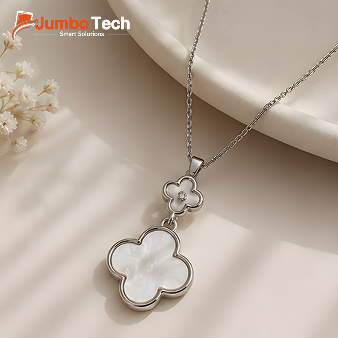 Fashion Jewelry Set — Four-Leaf Clover Pendant Necklace & Drop Earrings with Mother of Pearl