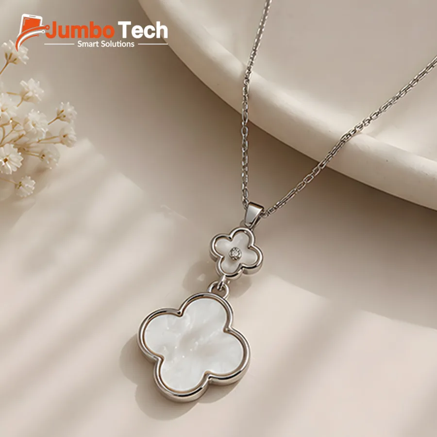 Fashion Jewelry Set — Four-Leaf Clover Pendant Necklace & Drop Earrings with Mother of Pearl