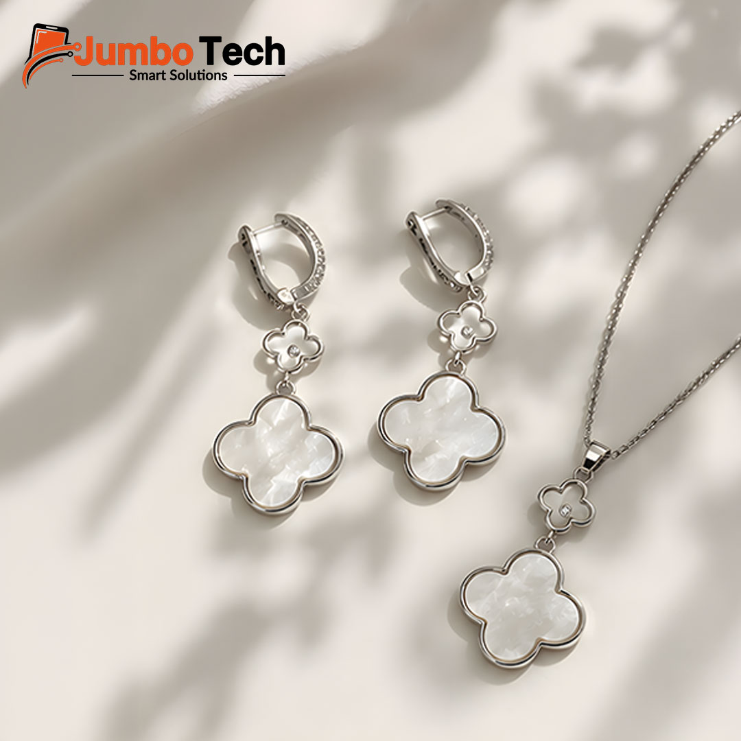 Fashion Jewelry Set — Four-Leaf Clover Pendant Necklace & Drop Earrings with Mother of Pearl