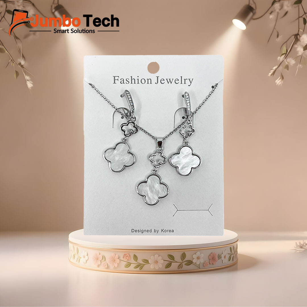 Fashion Jewelry Set — Four-Leaf Clover Pendant Necklace & Drop Earrings with Mother of Pearl