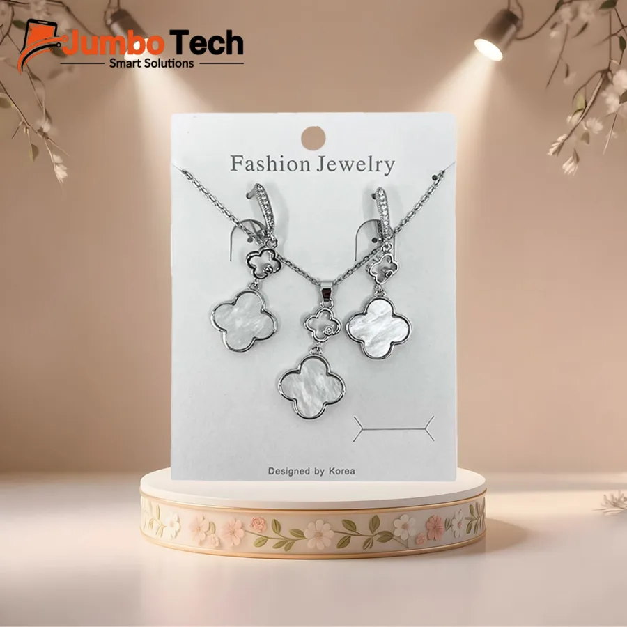 Fashion Jewelry Set — Four-Leaf Clover Pendant Necklace & Drop Earrings with Mother of Pearl