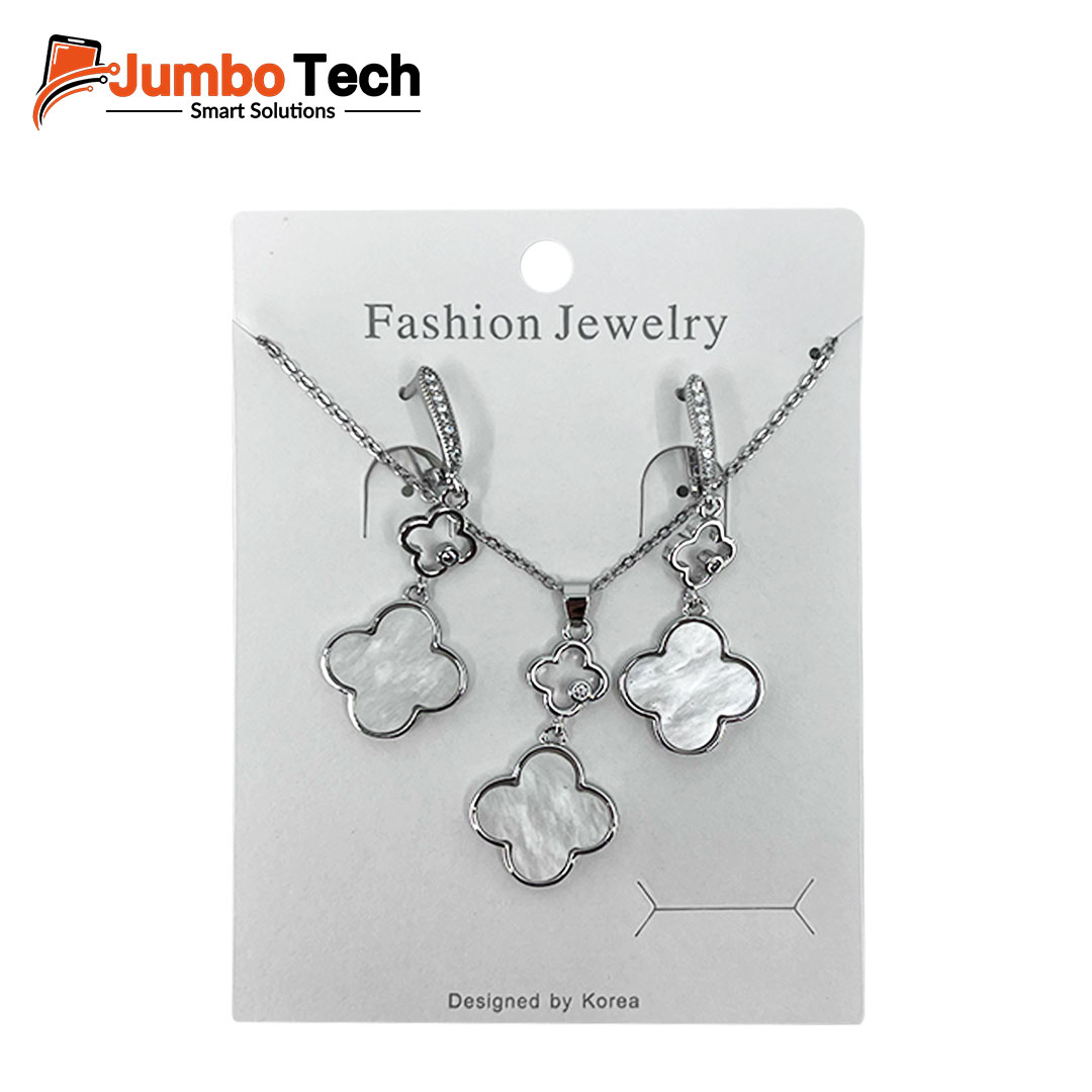 Fashion Jewelry Set — Four-Leaf Clover Pendant Necklace & Drop Earrings with Mother of Pearl