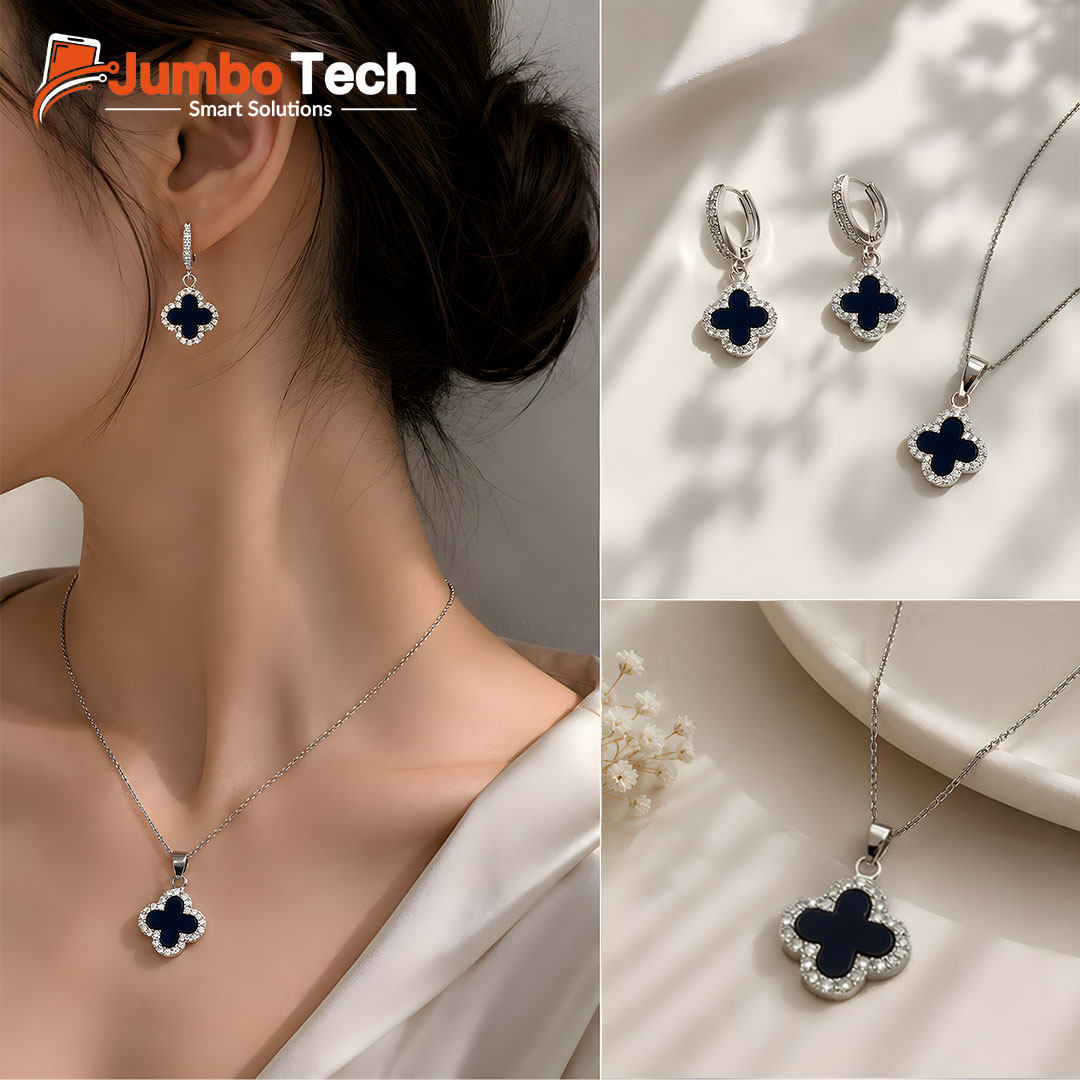 Fashion Jewelry Set — Four-Leaf Clover Pendant Necklace & Drop Earrings with Mother of Pearl
