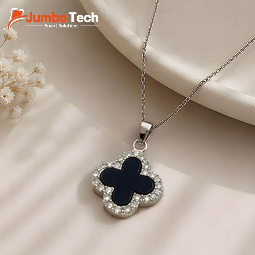 Fashion Jewelry Set — Four-Leaf Clover Pendant Necklace & Drop Earrings with Mother of Pearl