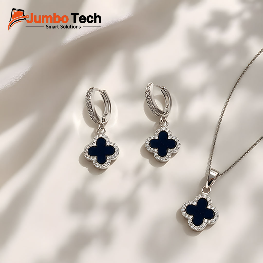 Fashion Jewelry Set — Four-Leaf Clover Pendant Necklace & Drop Earrings with Mother of Pearl