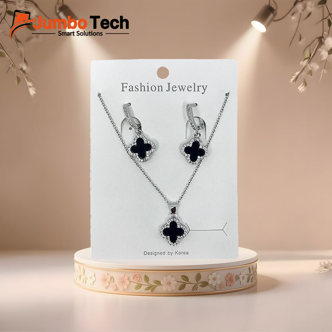 Fashion Jewelry Set — Four-Leaf Clover Pendant Necklace & Drop Earrings with Mother of Pearl