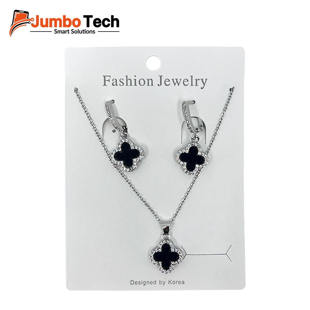 Fashion Jewelry Set — Four-Leaf Clover Pendant Necklace & Drop Earrings with Mother of Pearl