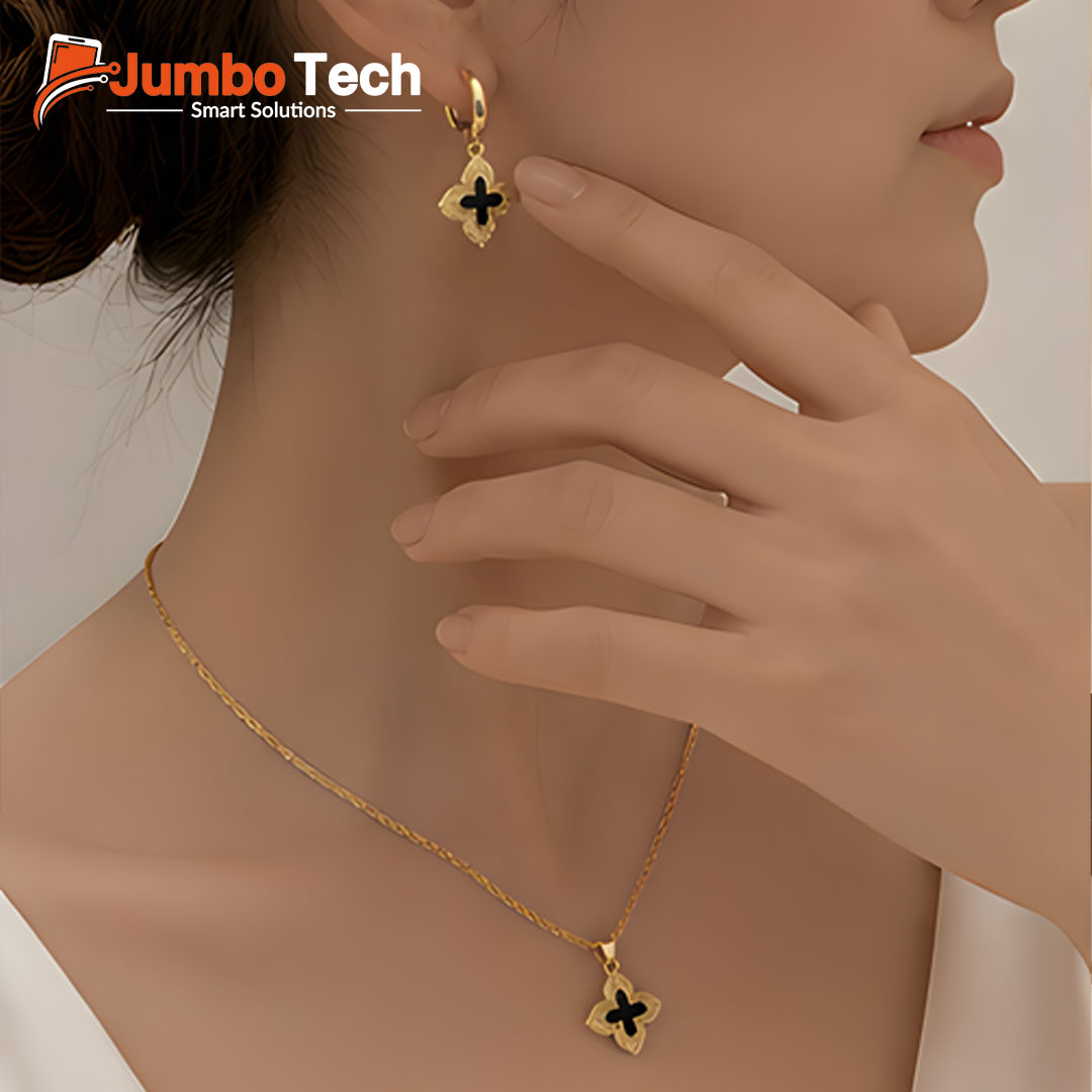 Fashion Jewelry Set — Four-Leaf Clover Pendant Necklace & Drop Earrings with Mother of Pearl