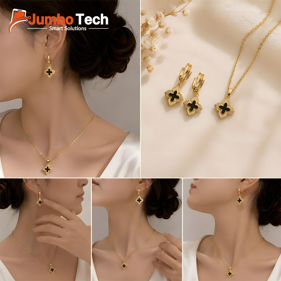 Fashion Jewelry Set — Four-Leaf Clover Pendant Necklace & Drop Earrings with Mother of Pearl