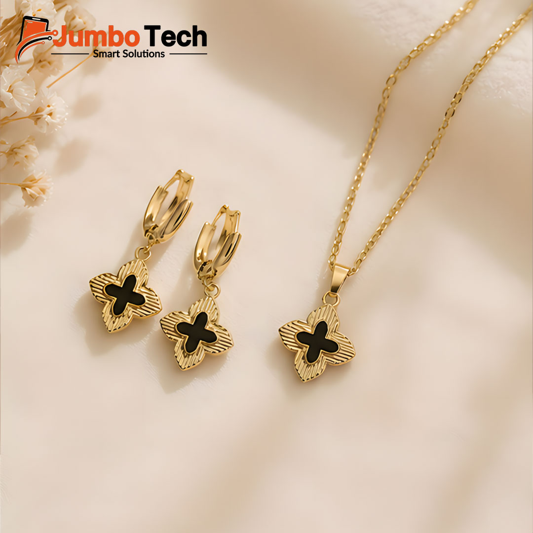 Fashion Jewelry Set — Four-Leaf Clover Pendant Necklace & Drop Earrings with Mother of Pearl