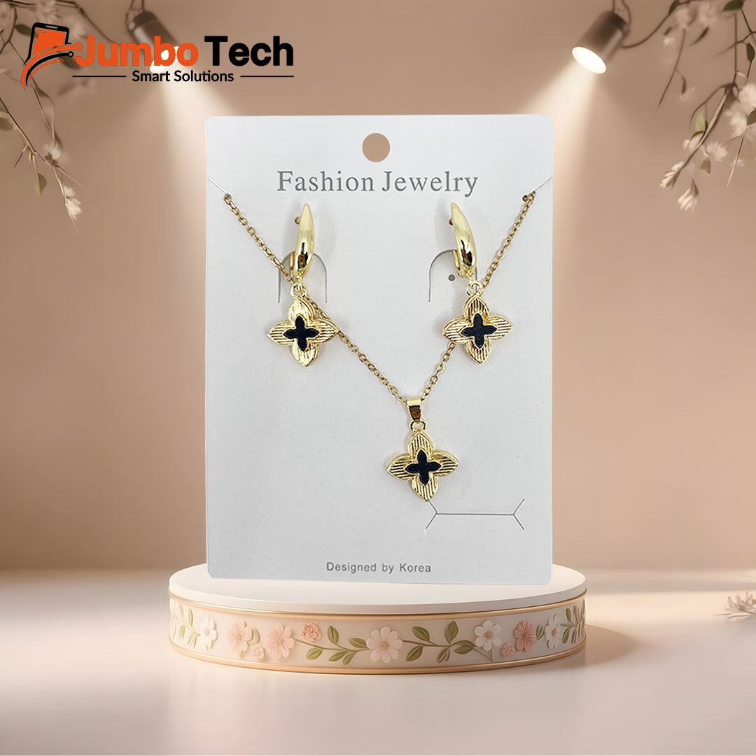 Fashion Jewelry Set — Four-Leaf Clover Pendant Necklace & Drop Earrings with Mother of Pearl
