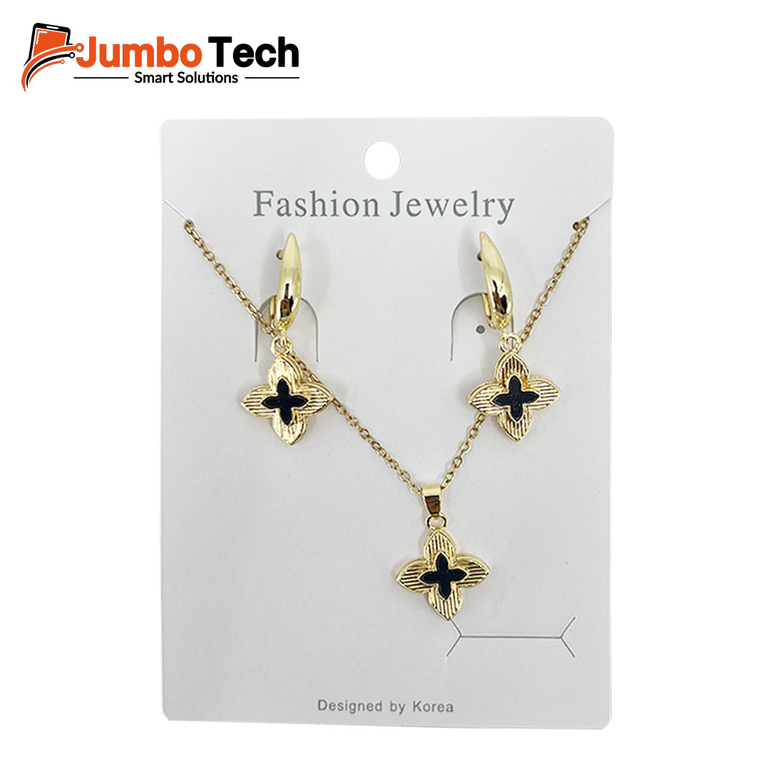 Fashion Jewelry Set — Four-Leaf Clover Pendant Necklace & Drop Earrings with Mother of Pearl