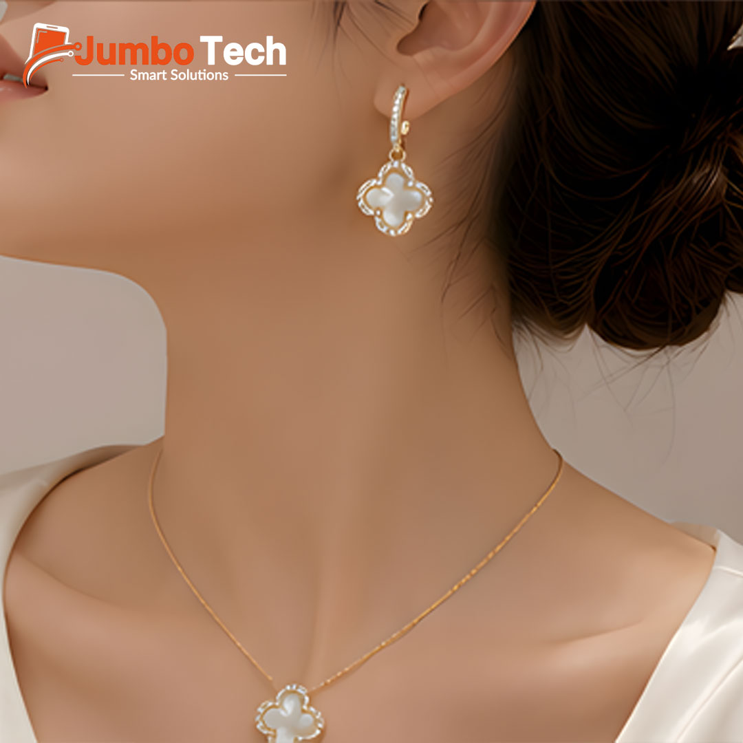 Fashion Jewelry Set — Four-Leaf Clover Pendant Necklace & Drop Earrings with Mother of Pearl