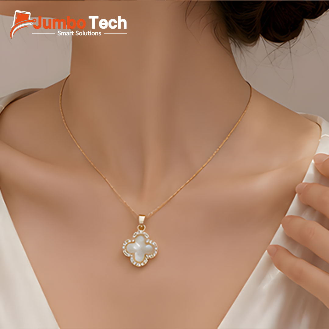 Fashion Jewelry Set — Four-Leaf Clover Pendant Necklace & Drop Earrings with Mother of Pearl