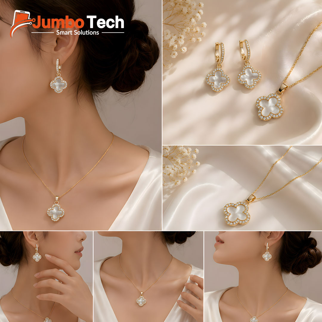 Fashion Jewelry Set — Four-Leaf Clover Pendant Necklace & Drop Earrings with Mother of Pearl