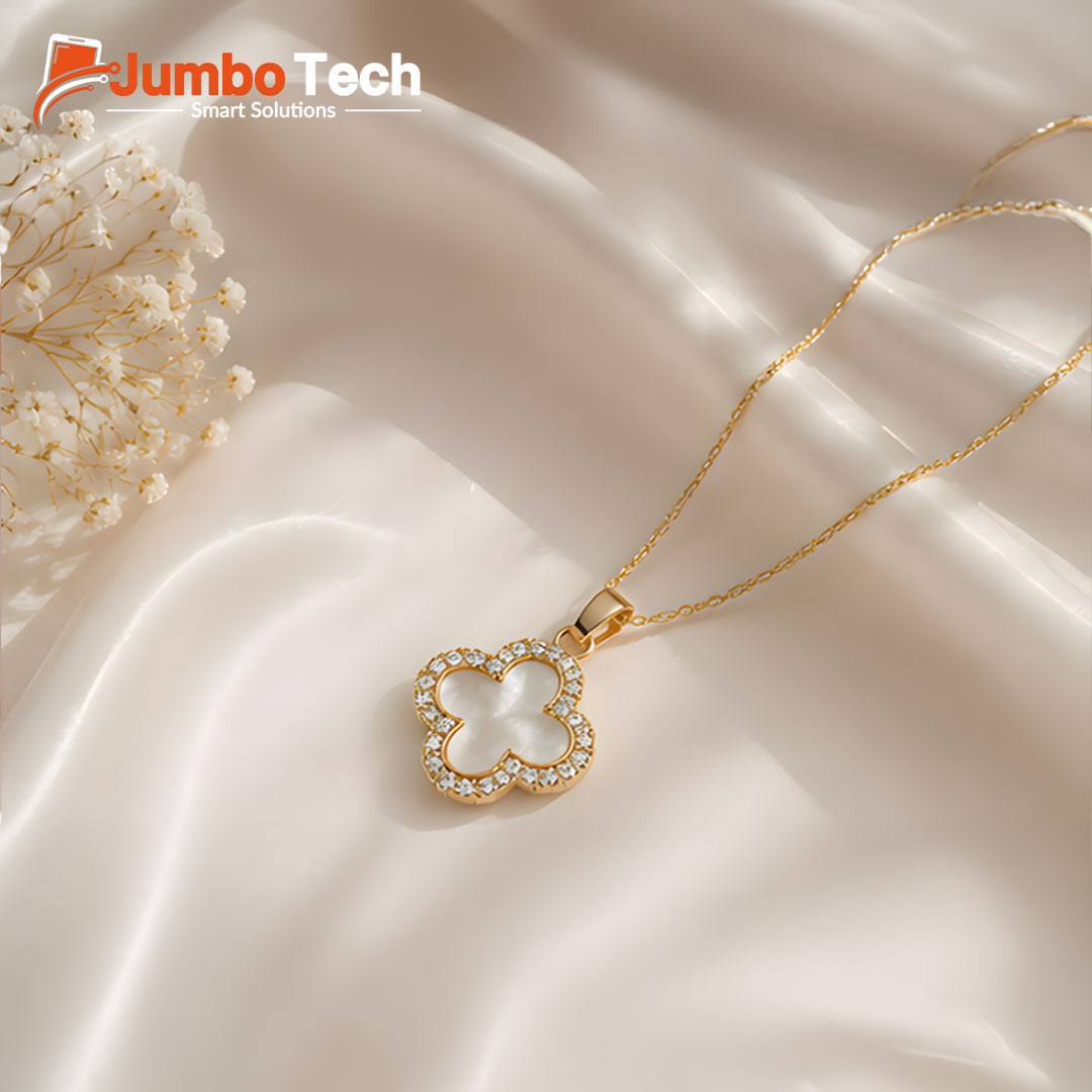 Fashion Jewelry Set — Four-Leaf Clover Pendant Necklace & Drop Earrings with Mother of Pearl