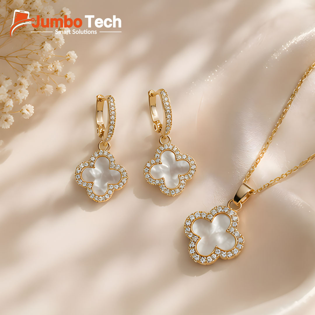 Fashion Jewelry Set — Four-Leaf Clover Pendant Necklace & Drop Earrings with Mother of Pearl