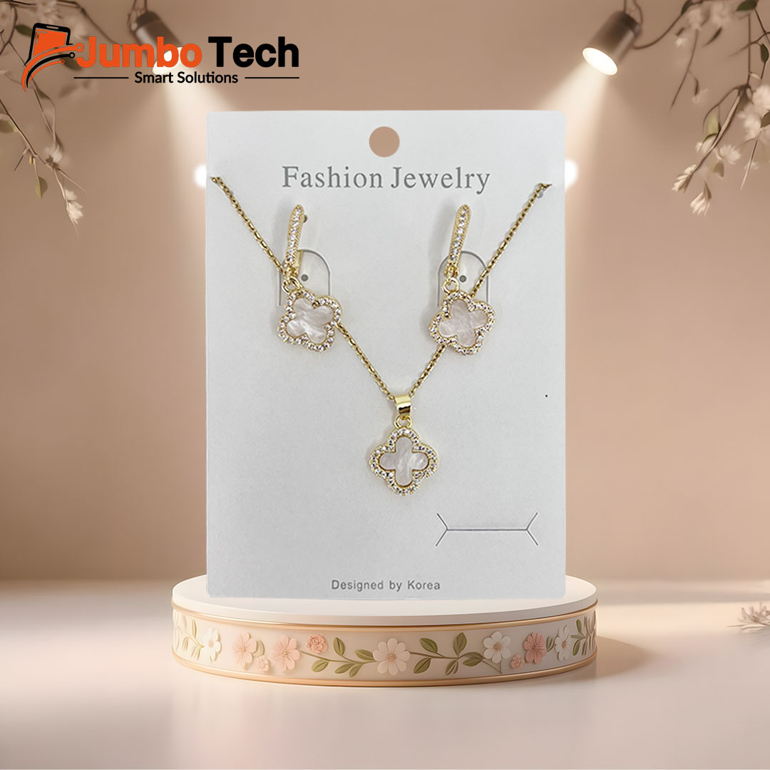 Fashion Jewelry Set — Four-Leaf Clover Pendant Necklace & Drop Earrings with Mother of Pearl
