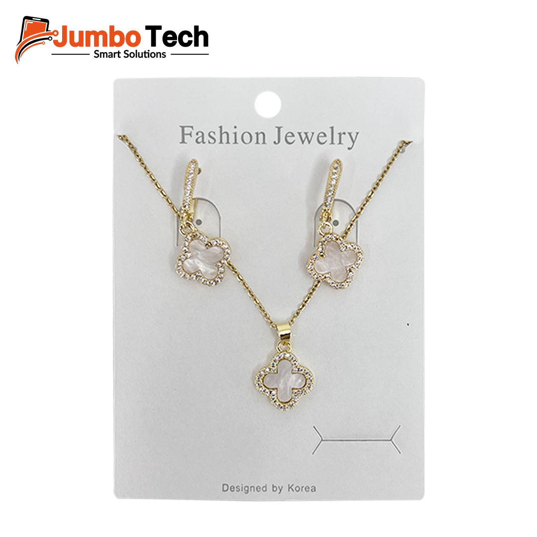 Fashion Jewelry Set — Four-Leaf Clover Pendant Necklace & Drop Earrings with Mother of Pearl