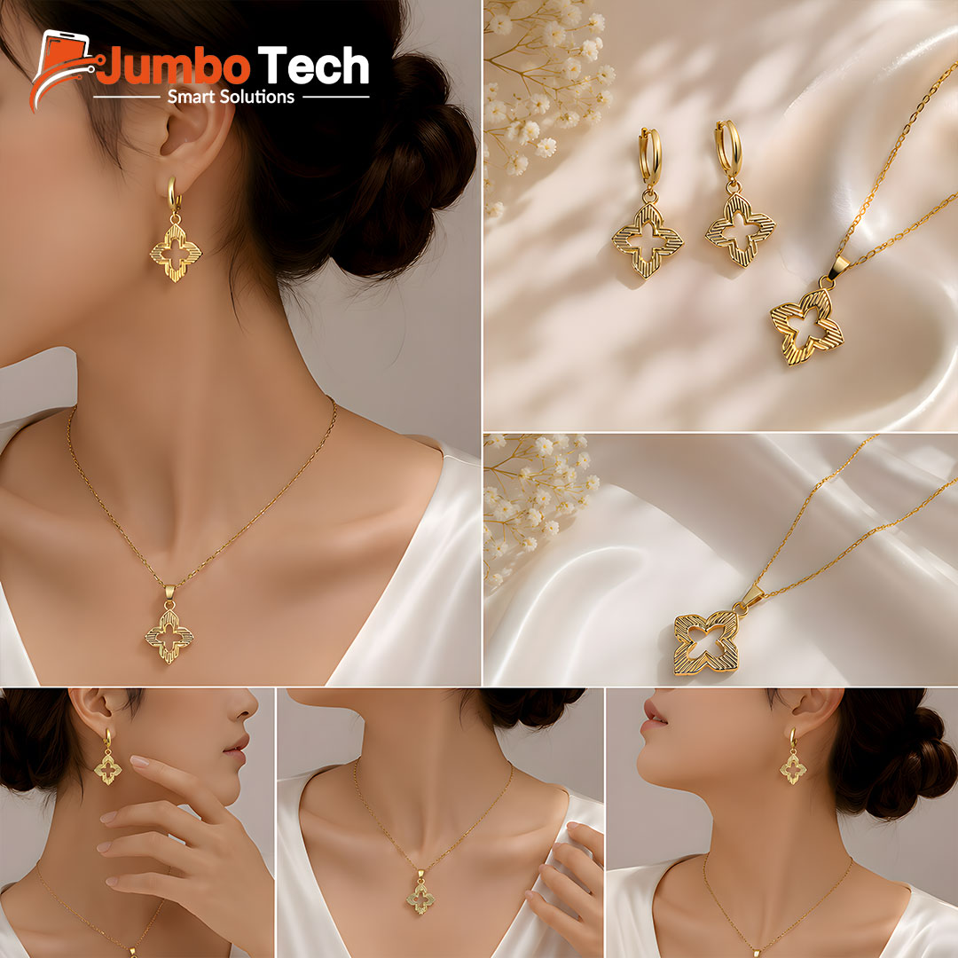 Fashion Jewelry Set — Four-Leaf Clover Pendant Necklace & Drop Earrings with Mother of Pearl