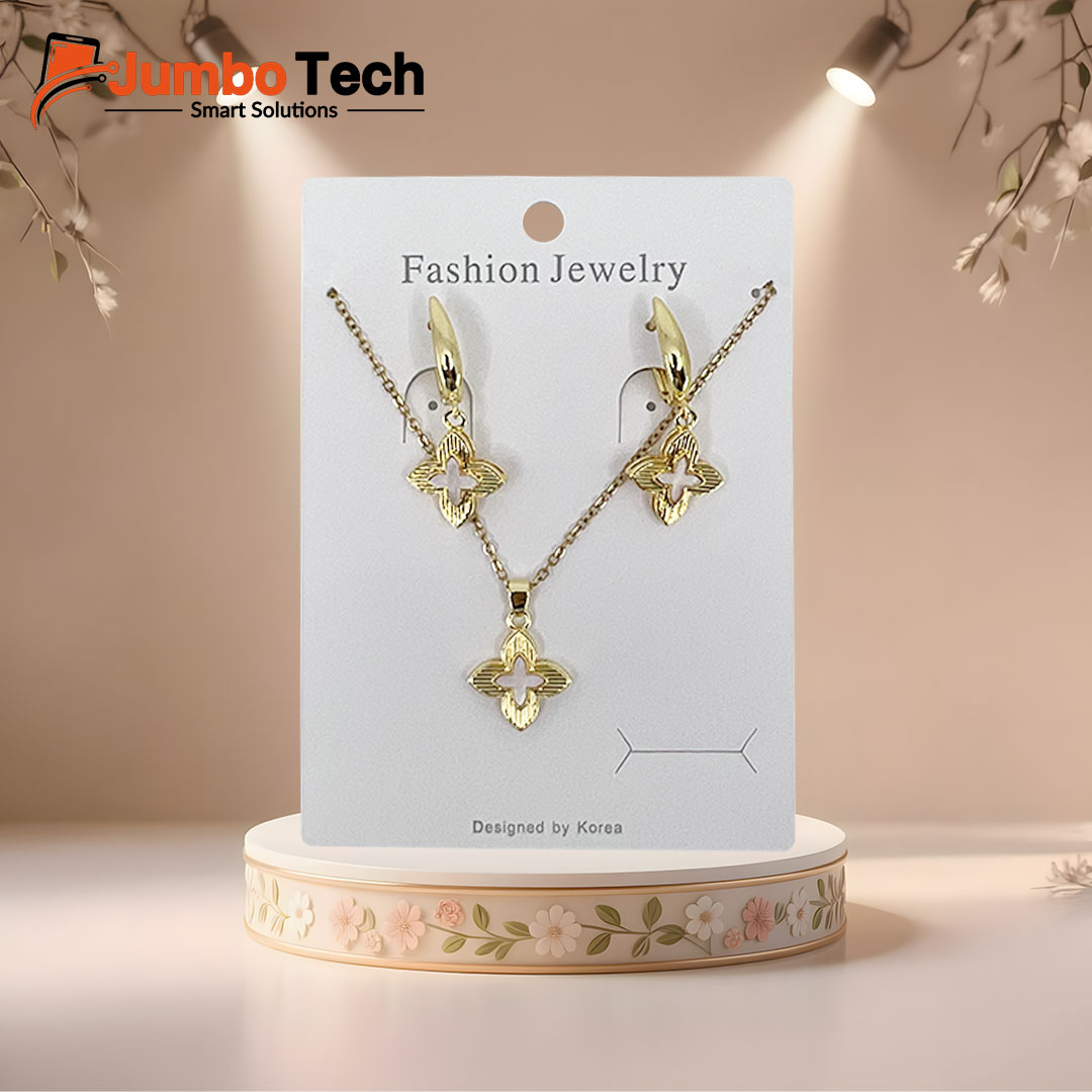 Fashion Jewelry Set — Four-Leaf Clover Pendant Necklace & Drop Earrings with Mother of Pearl