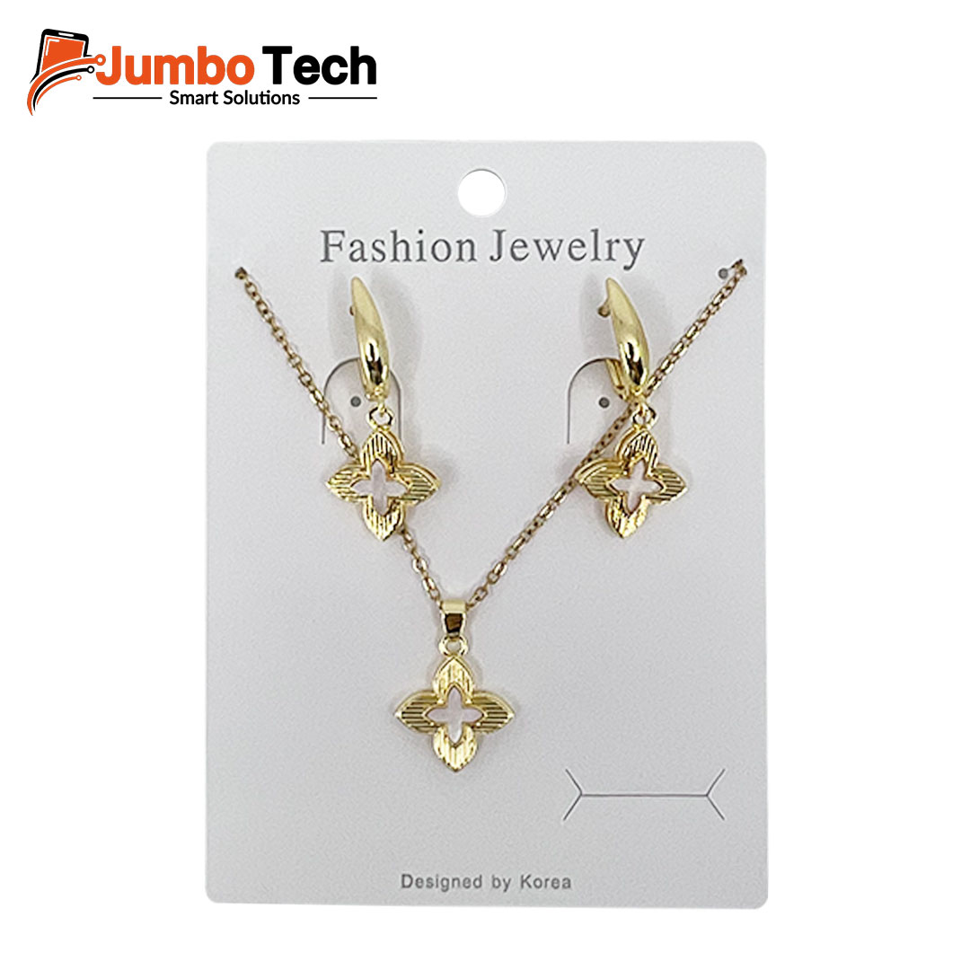 Fashion Jewelry Set — Four-Leaf Clover Pendant Necklace & Drop Earrings with Mother of Pearl