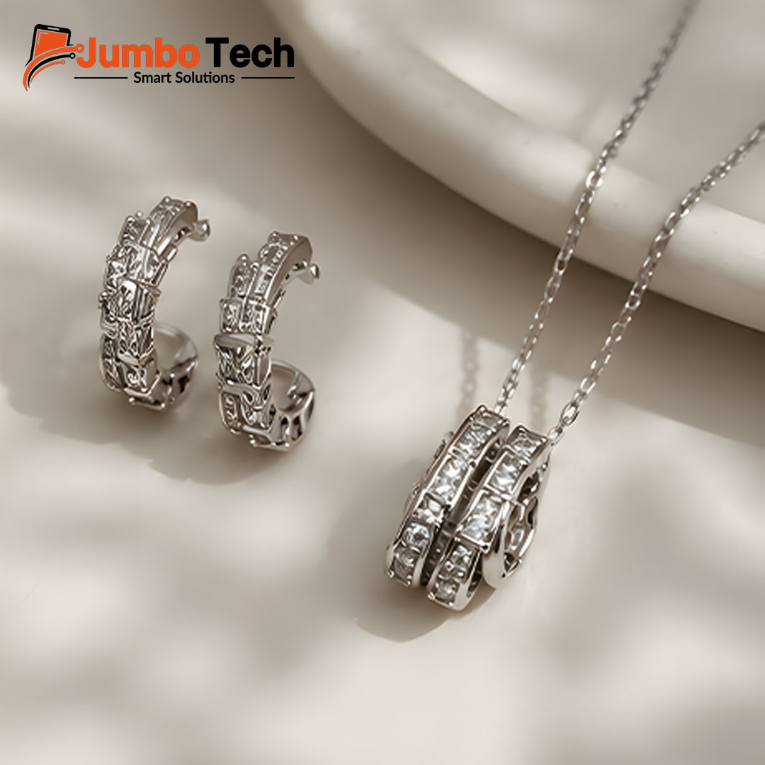 Fashion Jewelry Set — Ring Pendant Necklace & Hoop Earrings with Baguette Crystal Stones