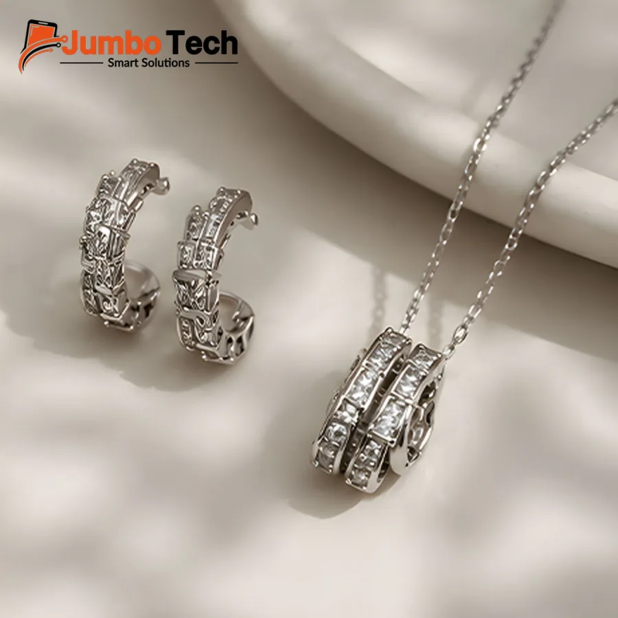 Fashion Jewelry Set — Ring Pendant Necklace & Hoop Earrings with Baguette Crystal Stones