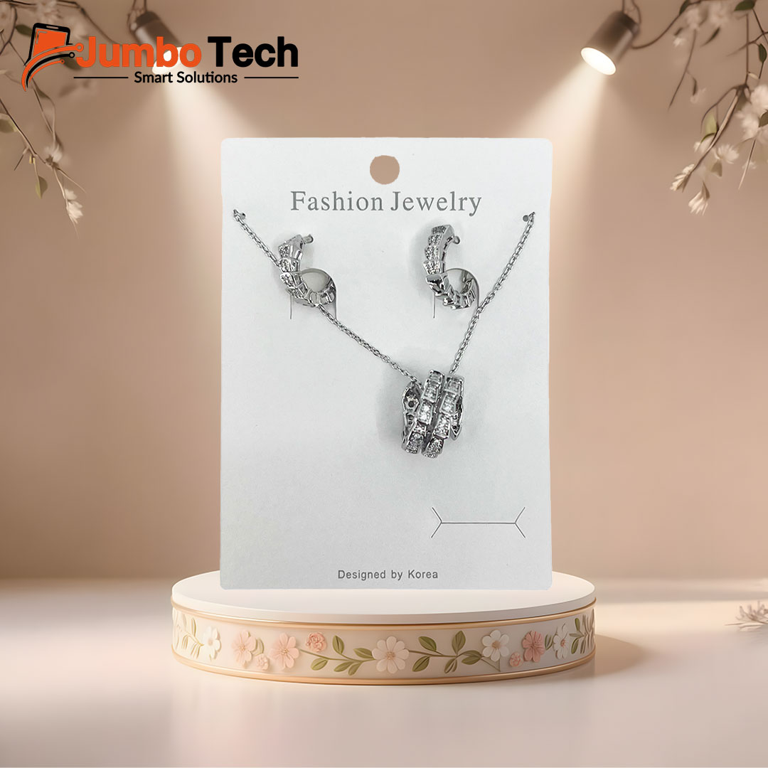 Fashion Jewelry Set — Ring Pendant Necklace & Hoop Earrings with Baguette Crystal Stones