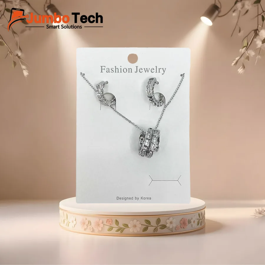Fashion Jewelry Set — Ring Pendant Necklace & Hoop Earrings with Baguette Crystal Stones