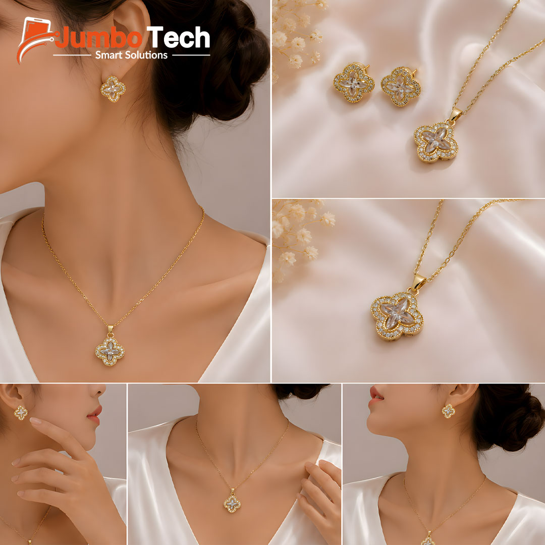 Fashion Jewelry Set — Ring Pendant Necklace & Hoop Earrings with Baguette Crystal Stones