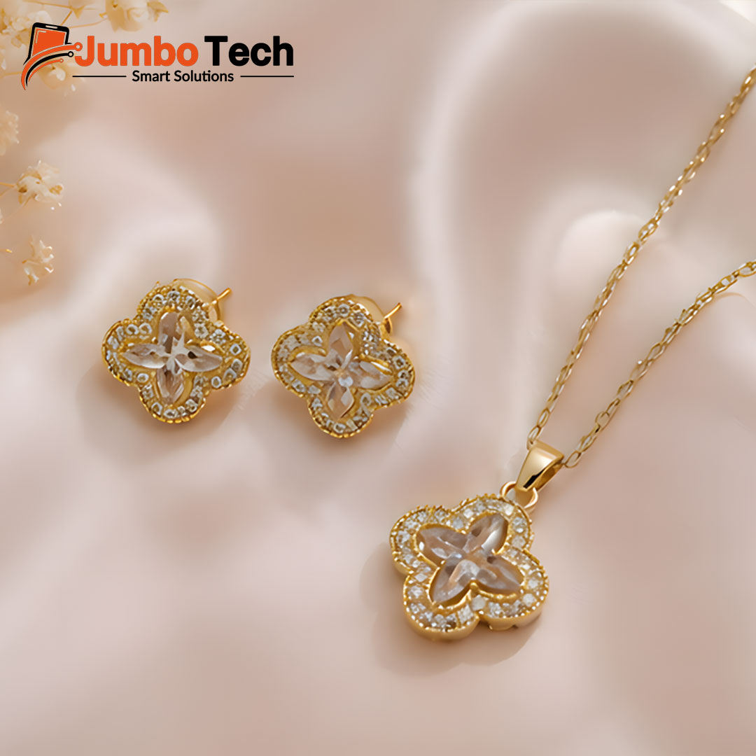 Fashion Jewelry Set — Ring Pendant Necklace & Hoop Earrings with Baguette Crystal Stones
