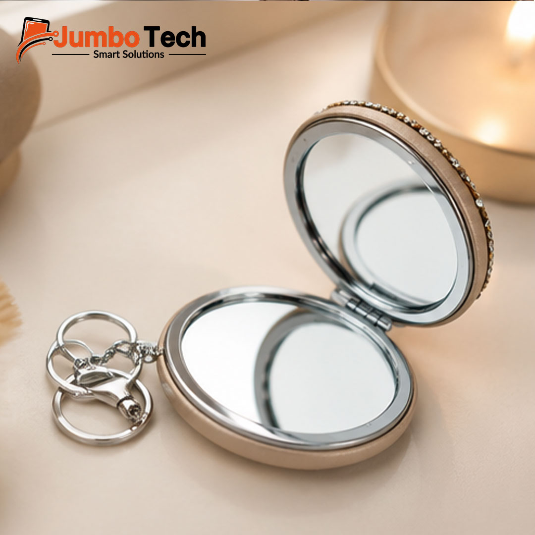 Bag Charm Keychain with Double-Sided Compact Mirror, Crystal Stones & Fluffy Pom-Pom