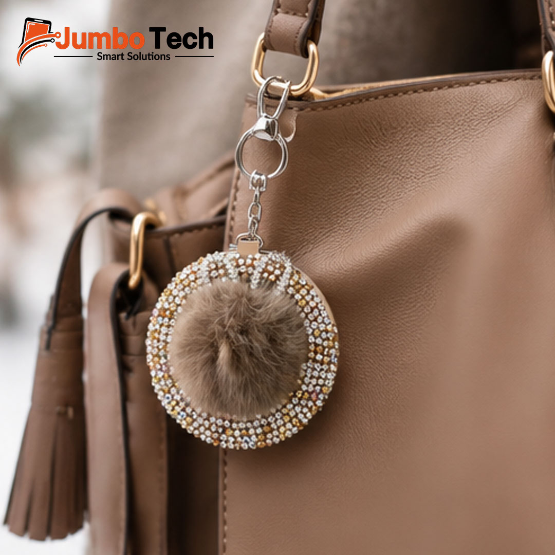 Bag Charm Keychain with Double-Sided Compact Mirror, Crystal Stones & Fluffy Pom-Pom