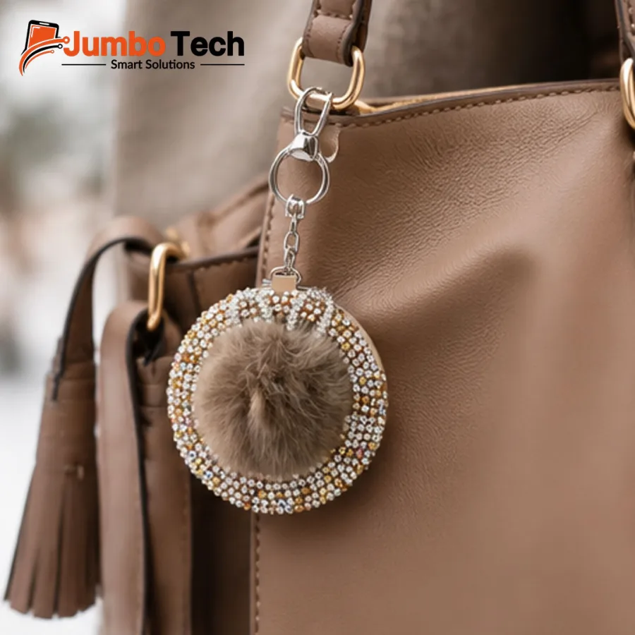 Bag Charm Keychain with Double-Sided Compact Mirror, Crystal Stones & Fluffy Pom-Pom