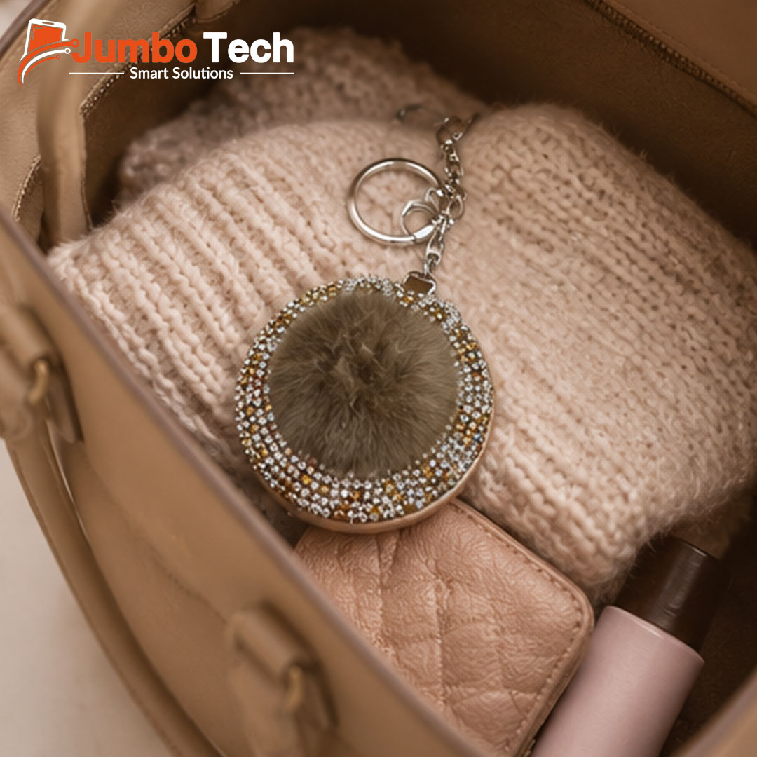 Bag Charm Keychain with Double-Sided Compact Mirror, Crystal Stones & Fluffy Pom-Pom